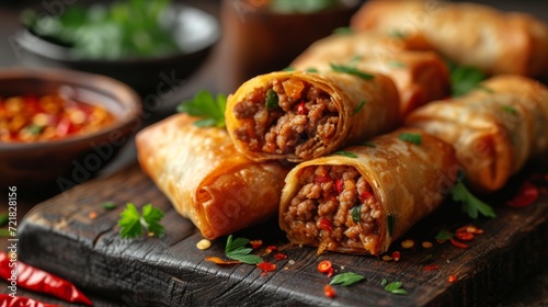 Chinese Beef and Egg Rolls - Food photography Generative AI photo