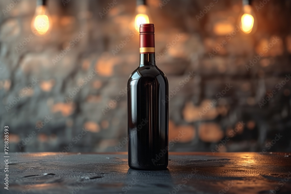 A bottle of wine without labels is on the table on a blurred background A bottle of wine without labels is on the table on a blurred background