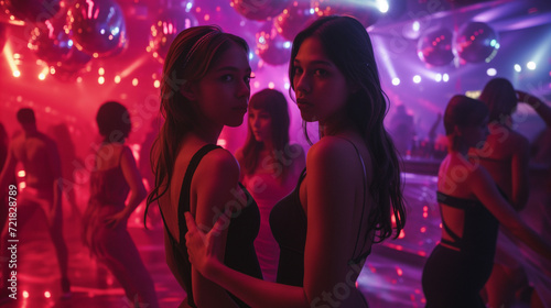 Two young women standing side by side on the dance floor inside a nightclub  illuminated by red and purple neon lights