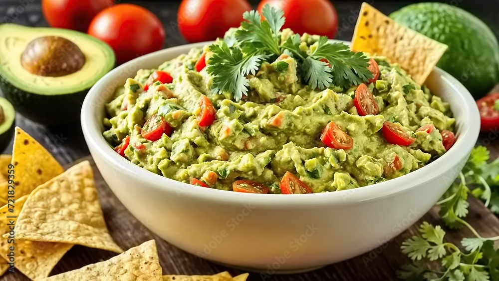 A bowl of guacamole sits on a table surrounded by tortilla chips. The guacamole is topped with tomatoes and cilantro. There are also whole tomatoes, half an avocado. A bowl of guacamole sits on a table surrounded by tortilla chips. The guacamole is topped with tomatoes and cilantro. There are also whole tomatoes, half an avocado.