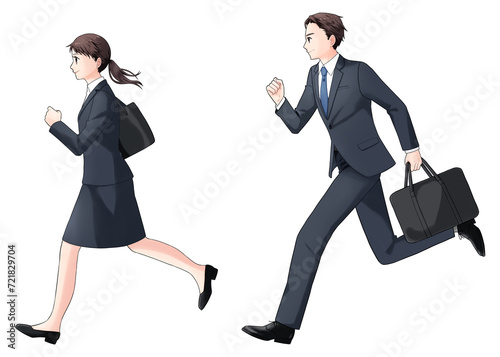 走るスーツ姿の若い男女　横向き