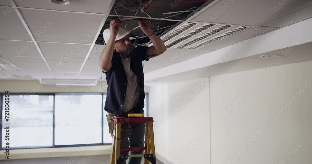 Man on ladder, electrician and light installation with construction worker, engineering and renovation for power supply. Industrial, manual labor and maintenance, electricity and cable with service