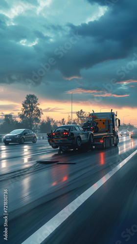 Tow truck transporting a broken car on the highway, embodying a car service transportation concept