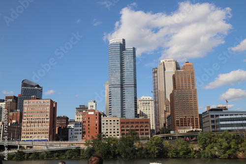 Panoramic view of downtown and river. Architecture of Downtown Pittsburgh. Southwest Pennsylvania at the confluence of the Allegheny River and the Monongahela River.