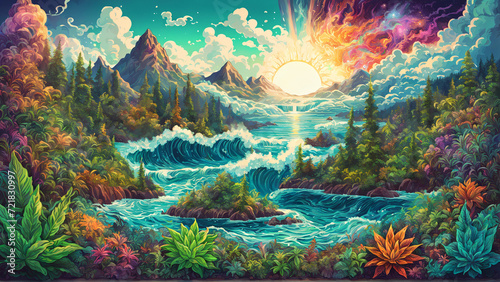 enchanted mountain landscape bathed in the warm glow of a sunset. Mountains with lush greenery, a serene river flowing through the valleys © Makaron