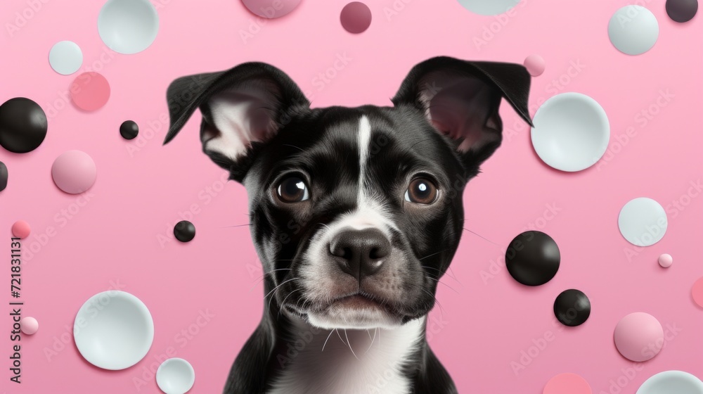 Adorable black and white puppy with expressive eyes surrounded by colorful circles on a pink background.