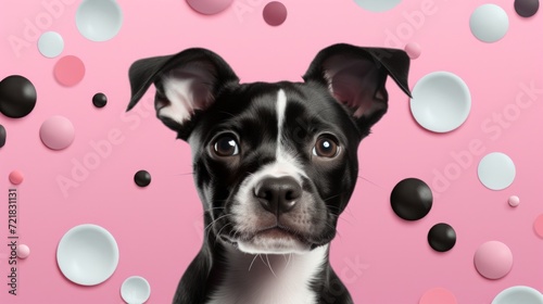 Adorable black and white puppy with expressive eyes surrounded by colorful circles on a pink background. © red_orange_stock