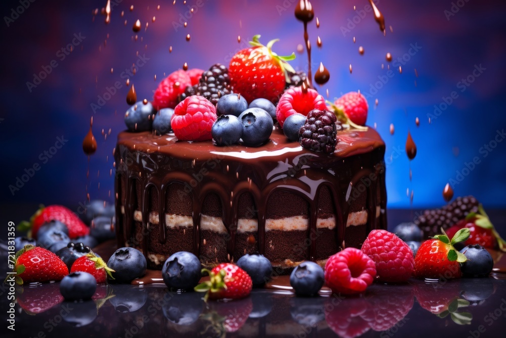 Decadent multi-layered chocolate cake adorned with fresh berries and dripping chocolate ganache. Decadent multi-layered chocolate cake adorned with fresh berries and dripping chocolate ganache.