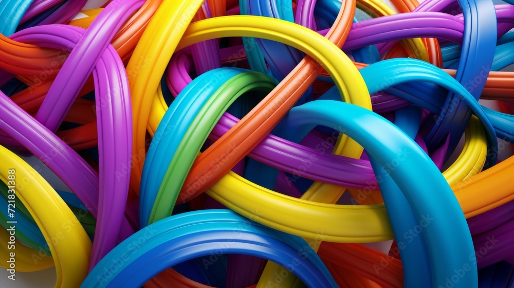 A 3D rendered abstract background with a colorful tangle of glossy cables intertwined. A 3D rendered abstract background with a colorful tangle of glossy cables intertwined.