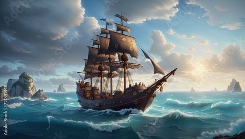 "Pirate Ship Sailing the Fantasy Seas: Award-Winning Digital Matte Painting