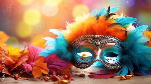 Vibrant carnival mask adorned with feathers and beads among autumn leaves, festive atmosphere.
