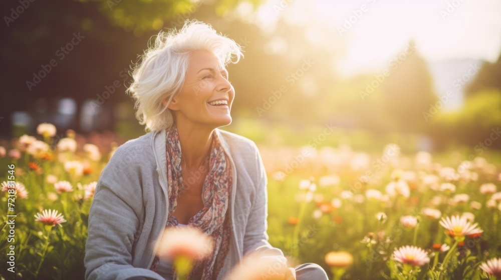 Joyful elderly lady basking in the golden hour sunlight amidst a field of wildflowers, radiating happiness and peace. - obrazy, fototapety, plakaty 