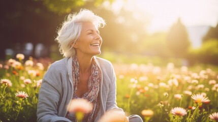 Joyful elderly lady basking in the golden hour sunlight amidst a field of wildflowers, radiating happiness and peace.