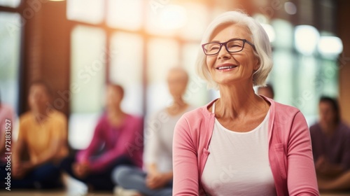 Foto Smiling senior woman with glasses meditating in a group session indoors, feeling content and peaceful