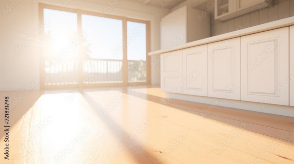 Obraz premium Morning sunlight casts a warm glow on a clean and modern kitchen interior with a wooden floor.