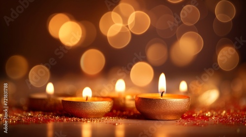 Golden candles glowing warmly with a bokeh effect creating a festive and intimate atmosphere.