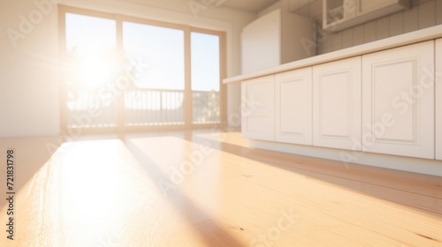 Morning sunlight casts a warm glow on a clean and modern kitchen interior with a wooden floor.