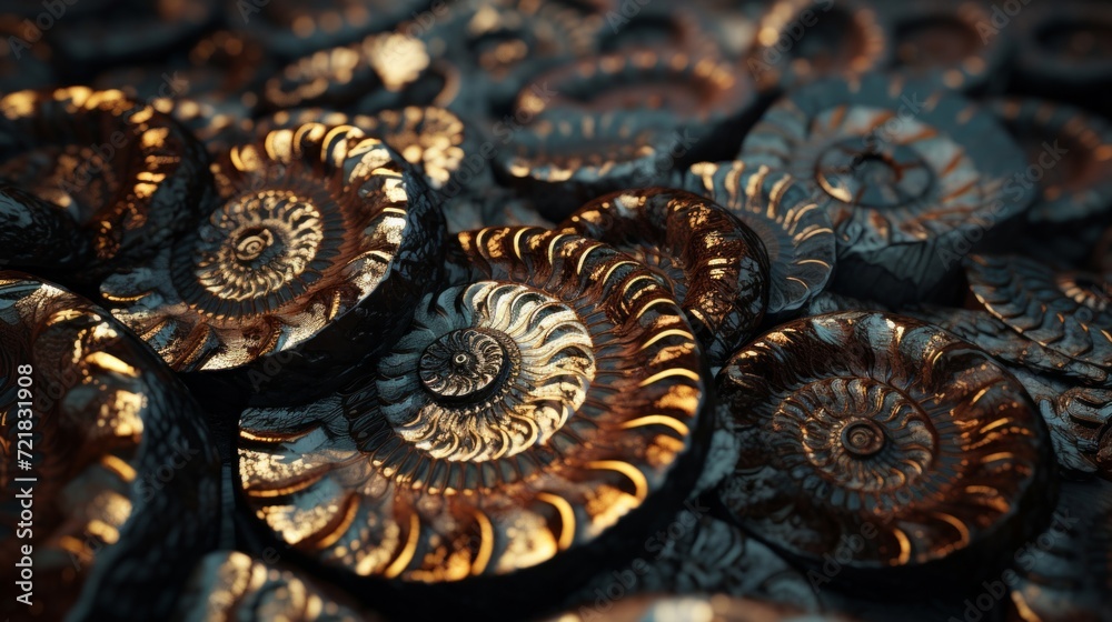 Close-up of multiple ammonite fossils with a golden glow, showcasing the intricate details and natural patterns.