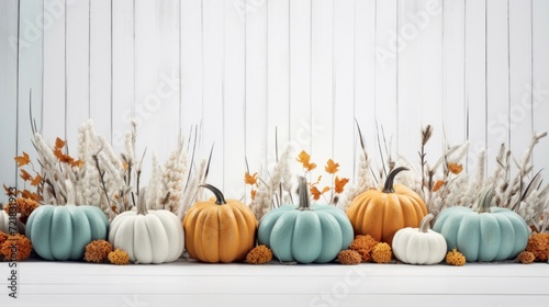 Fototapeta Naklejka Na Ścianę i Meble -  Decorative pumpkins and dry plants against a white wooden background, symbolizing festive fall decor.