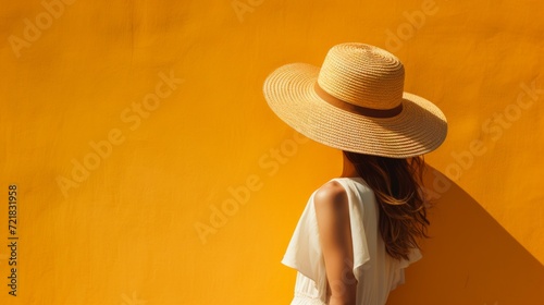 A stylish woman stands anonymously, facing a vibrant yellow wall, wearing a wide-brimmed straw hat. photo