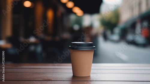 A takeaway coffee cup awaits on a rustic table amidst the blur of a busy city street.