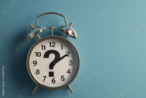 Close Up of a Clock with a Question Mark on a Light Blue Background