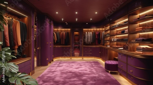 Élégant Dressing Moderne avec Éclairage LED Violet et Espace de Rangement Astucieusement Organisé photo