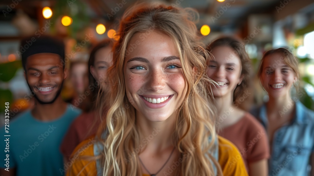 Groupe de jeunes gens joyeux et d'amis proches en tenues chaudes, partageant des moments de bonheur en extérieur Groupe de jeunes gens joyeux et d'amis proches en tenues chaudes, partageant des moments de bonheur en extérieur