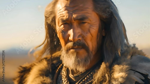 An old Mongol warrior in the Mongolian steppe photo