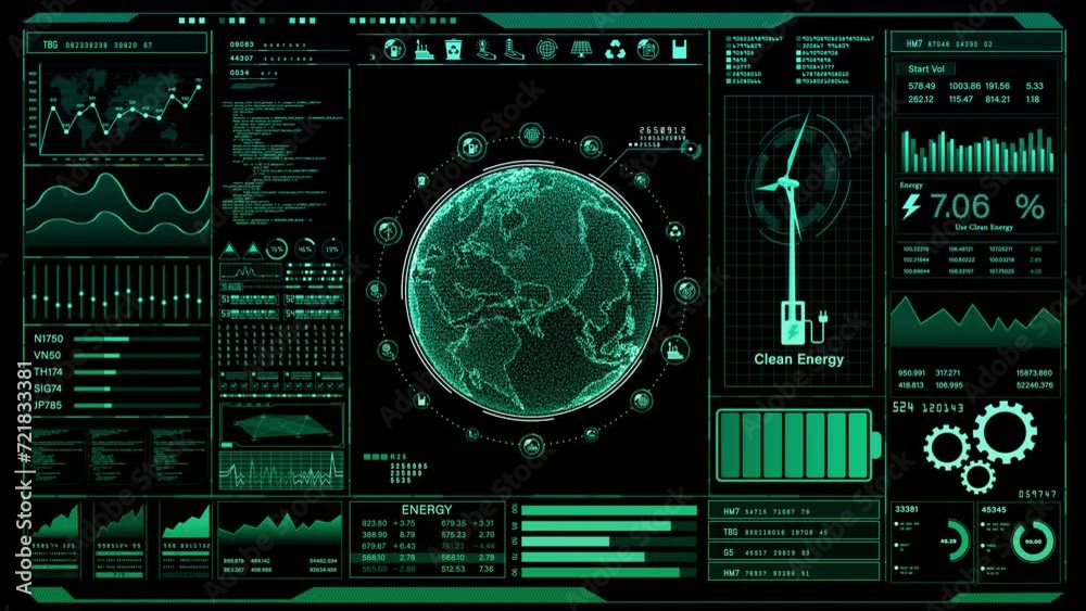 Global Clean Energy Interface, Digital interface showcasing data analytics and a wind turbine, symbolizing modern clean energy solutions, Sustainable technology on green background
