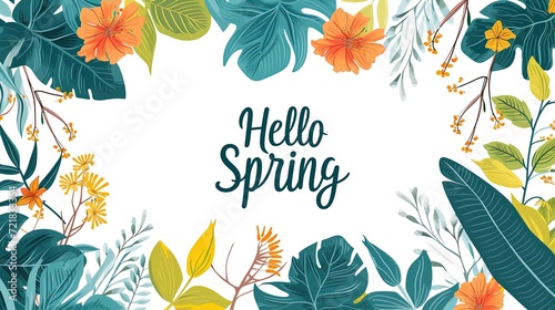 Illustration in a minimalist botanical style with a spring mood flowers with the text “Hello spring” in centre of picture photo