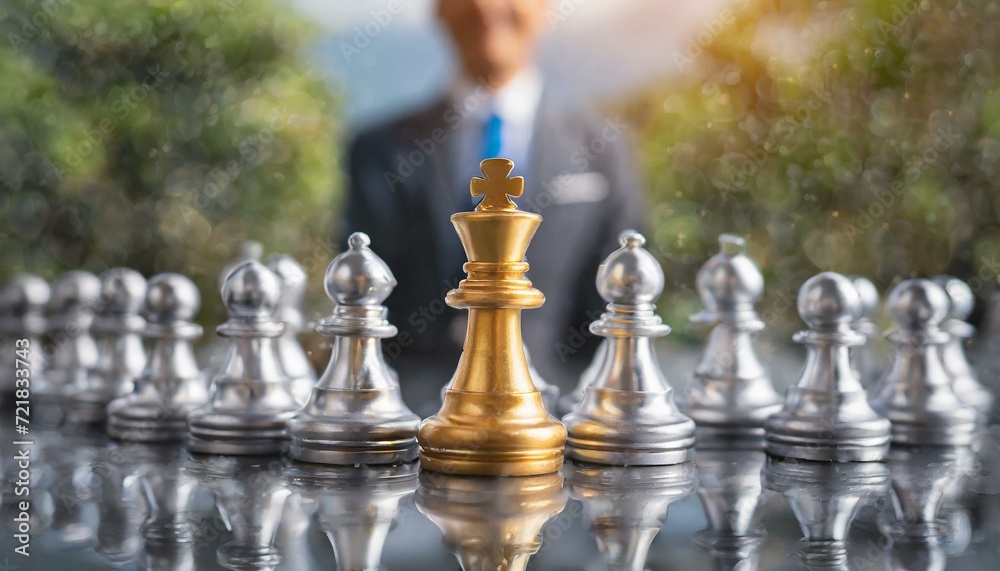 Strategic Leadership: Golden Chess Pawn Rising Above the Silver Men