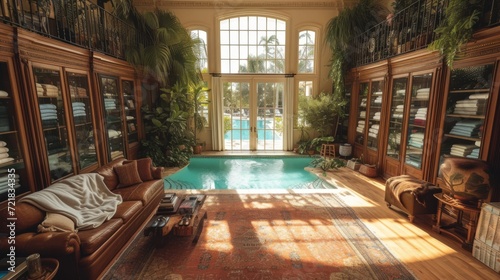 dressing intérieur élégant avec bibliothèque, canapé orange et piscine extérieur, atmosphère luxueuse et chaleureuse