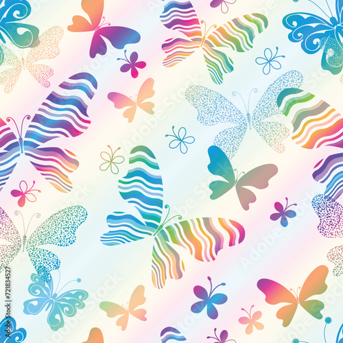 Vector vintage rainbow striped seamless pattern with butterflies on a white background photo