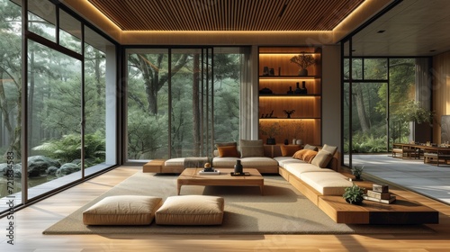 Intérieur moderne avec vue sur la forêt, salon chaleureux et élégant, lien harmonieux avec la nature