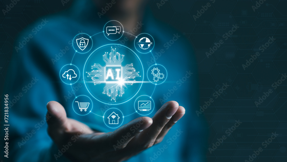 © Supatman - Businessman holding chip CPU working of AI and artificial intelligence automation. Computer connection with information intelligent technology. AI prompt generate, AI for business, AI tech concept.