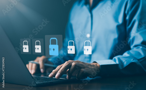 Cybersecurity and data protection concept. User enter password for personal information access. Data login protect and secure internet access, padlock technology, cyber security, encryption privacy,