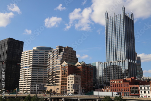 Panoramic view of downtown and river. Architecture of Downtown Pittsburgh. Southwest Pennsylvania at the confluence of the Allegheny River and the Monongahela River, the Ohio River. 