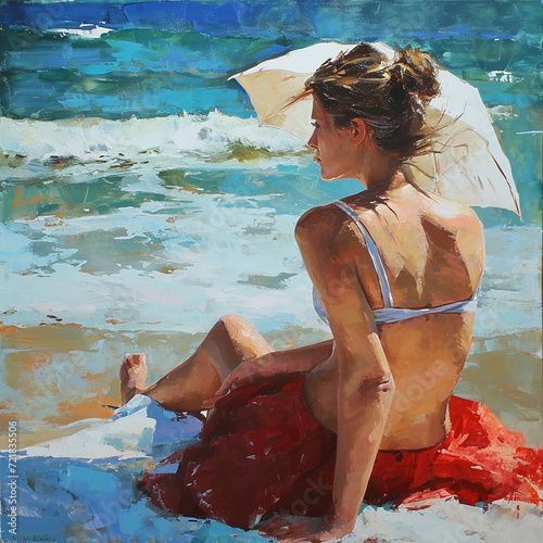 Young beautiful woman sitting on the beach with an umbrella. Oil painting
