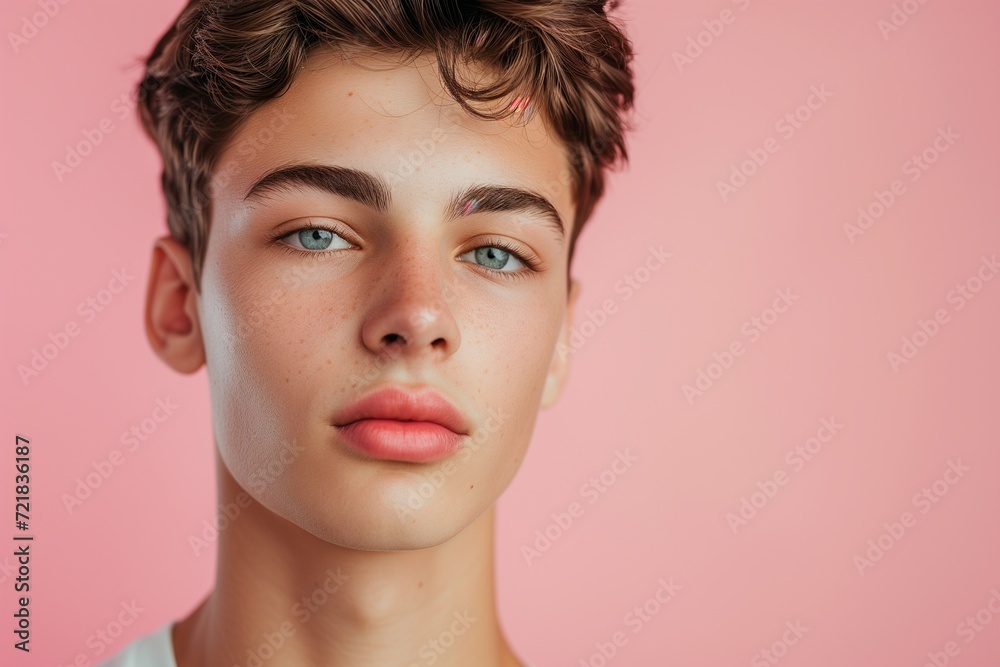 Portrait of a handsome young man with a trendy hairstyle on a soft pink background, exuding confidence. Portrait of a handsome young man with a trendy hairstyle on a soft pink background, exuding confidence.
