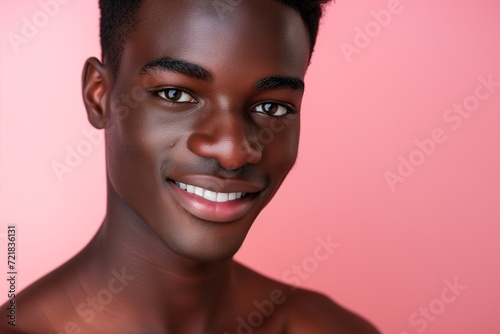 Portrait of a handsome young man with a trendy hairstyle on a soft pink background, exuding confidence.