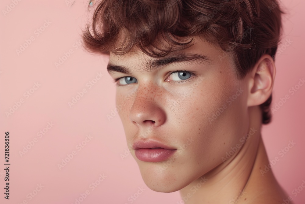 Portrait of a handsome young man with a trendy hairstyle on a soft pink background, exuding confidence. Portrait of a handsome young man with a trendy hairstyle on a soft pink background, exuding confidence.