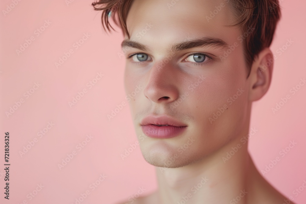 Portrait of a handsome young man with a trendy hairstyle on a soft pink background, exuding confidence. Portrait of a handsome young man with a trendy hairstyle on a soft pink background, exuding confidence.