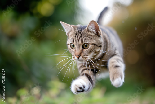 A tabby kitten jumping in the garden. pets concept. © Centric 