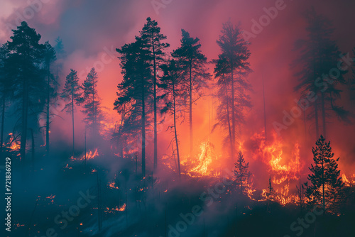 A dense forest fire with billowing smoke and bright red flames engulfing forested areas. Climate change and the threat to forest ecosystems.