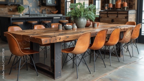 Ambiance automnale chaleureuse : table à manger en bois rustique, chaises en cuir