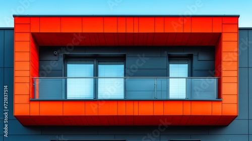 Façade moderne aux lignes géométriques avec un auvent orange vif et des fenêtres réfléchissantes