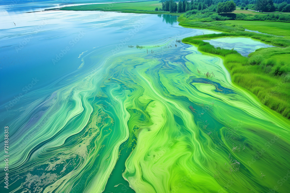 The effects of eutrophication, where bright blue-green algae cover bodies of water, emphasizing a serious ecological imbalance caused by an excess of nutrients.