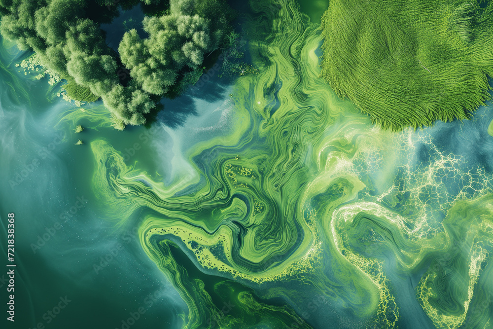 The effects of eutrophication, where bright blue-green algae cover bodies of water, emphasizing a serious ecological imbalance caused by an excess of nutrients. - obrazy, fototapety, plakaty 