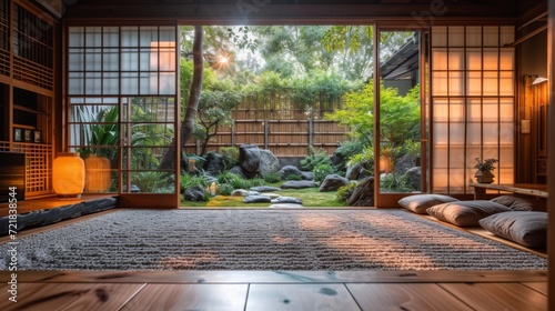 Salle de yoga japonaise traditionnelle avec vue sur un jardin paisible, tatamis, et portes coulissantes